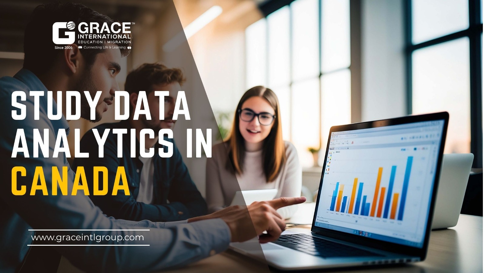 “Students discussing data analytics with a laptop displaying bar charts, promoting Study Data Analytics in Canada by Grace International.